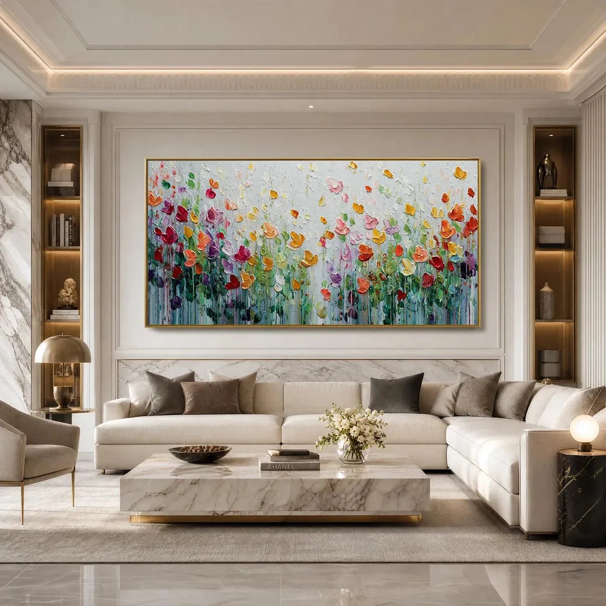 GARDEN OF JOY: Colorful Textured Impasto Flower Field Painting | gold frame stretched on neutral wall