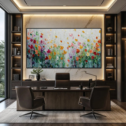 GARDEN OF JOY: Colorful Textured Impasto Flower Field Painting | black frame version on white wall