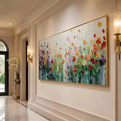 GARDEN OF JOY: Colorful Textured Impasto Flower Field Painting | Abstract mood, soft natural light studio shot