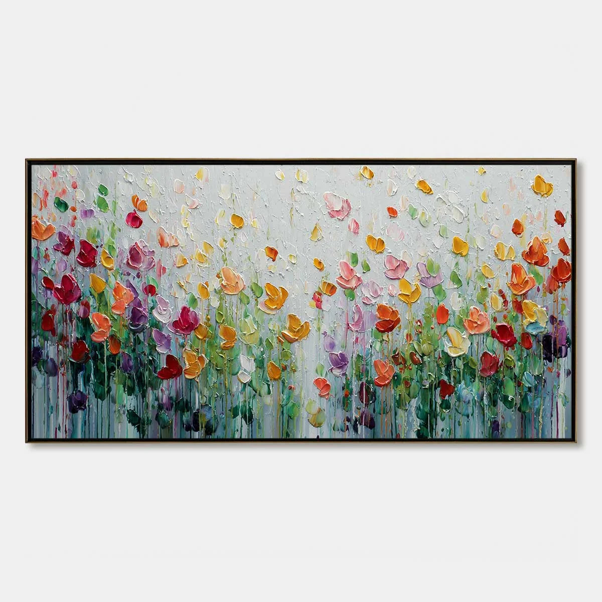 GARDEN OF JOY: Colorful Textured Impasto Flower Field Painting | hanging in living room, Abstract wall art