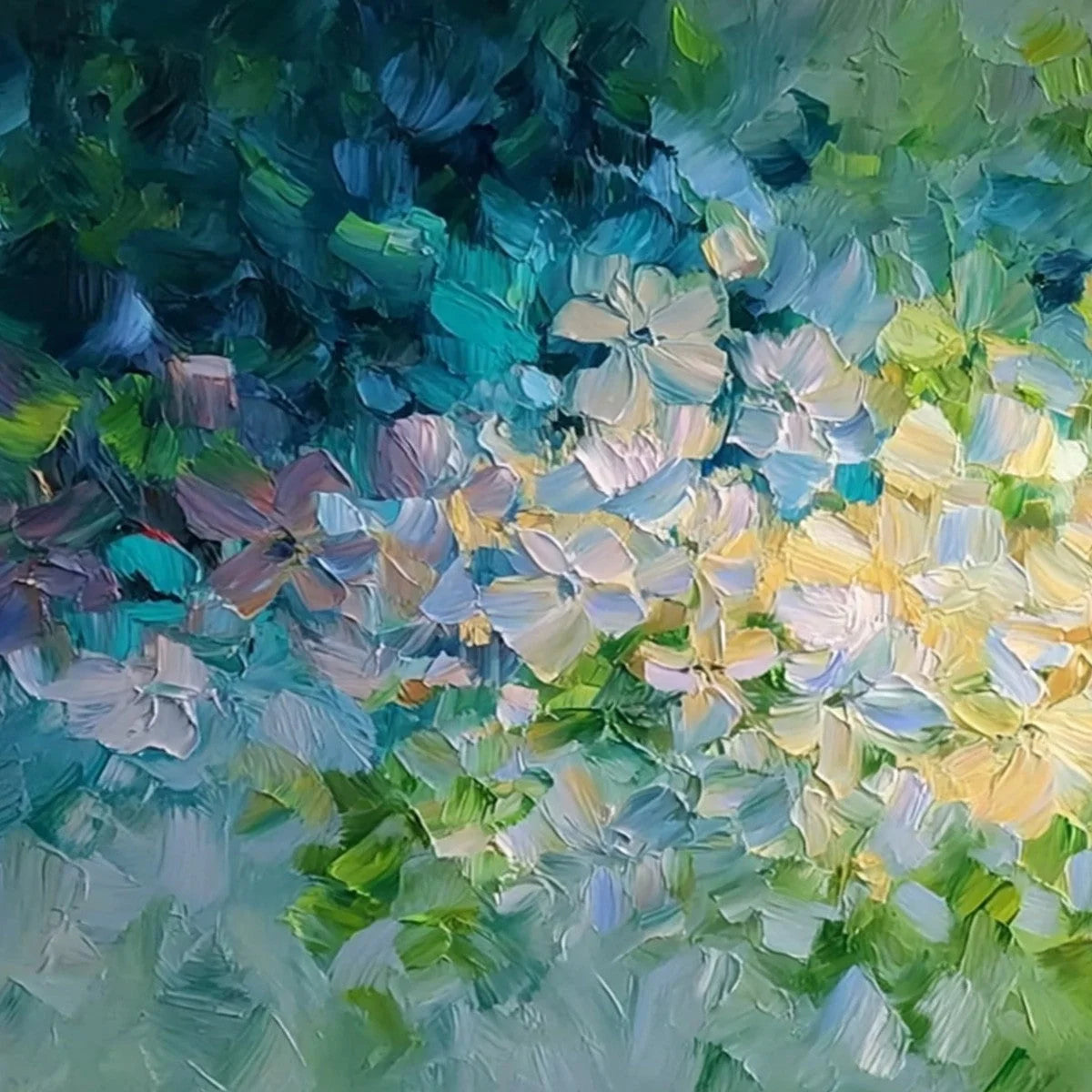 GARDEN OF LIGHT: Textured Abstract Floral Impasto Oil Painting | rectangular format, hand-painted canvas edge