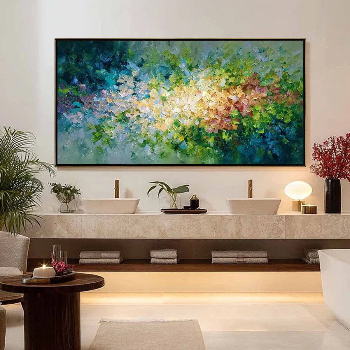 GARDEN OF LIGHT: Textured Abstract Floral Impasto Oil Painting | gold frame stretched on neutral wall