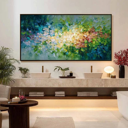 GARDEN OF LIGHT: Textured Abstract Floral Impasto Oil Painting | gold frame stretched on neutral wall