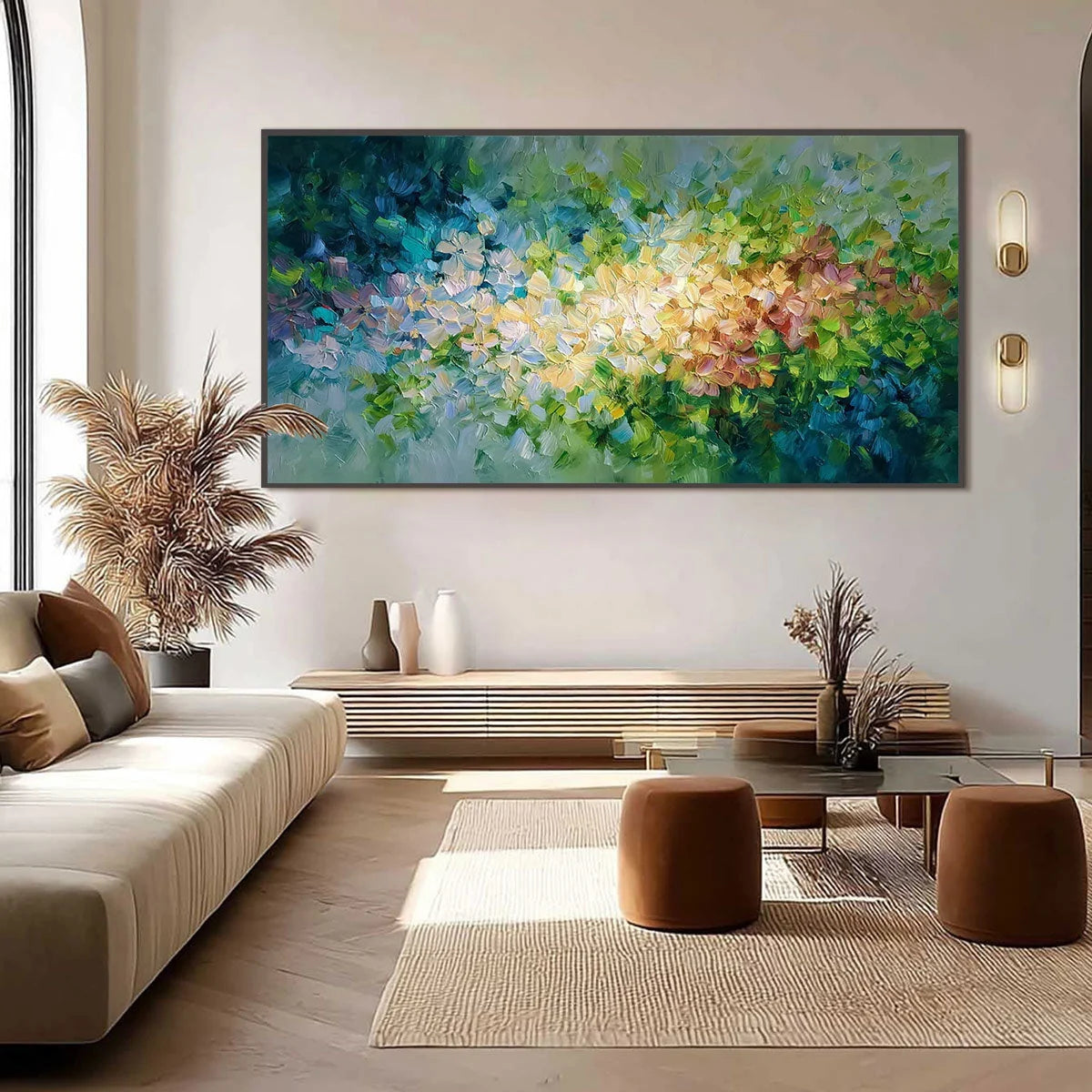 GARDEN OF LIGHT: Textured Abstract Floral Impasto Oil Painting | black frame version on white wall