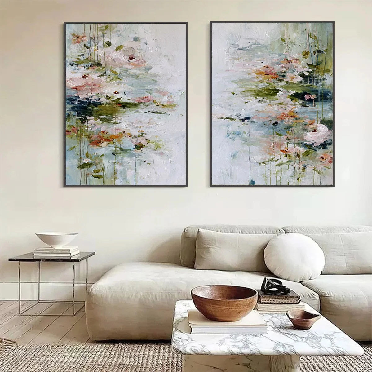 GARDEN REVERIE: Abstract Impressionist Floral Diptych Painting | gold frame stretched on neutral wall
