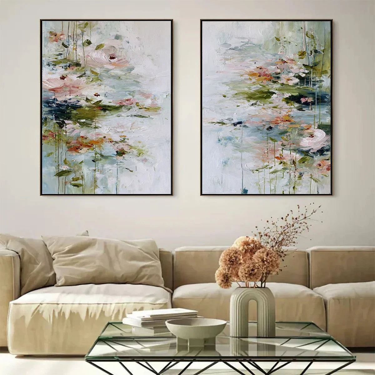 GARDEN REVERIE: Abstract Impressionist Floral Diptych Painting | black frame version on white wall