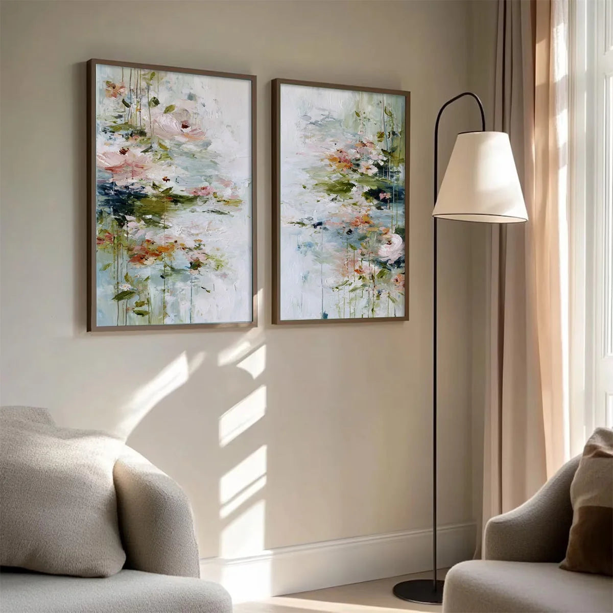 GARDEN REVERIE: Abstract Impressionist Floral Diptych Painting | multi-color palette, original oil on stretched canvas art