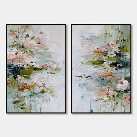 GARDEN REVERIE: Abstract Impressionist Floral Diptych Painting | hanging in living room, Impressionist wall art