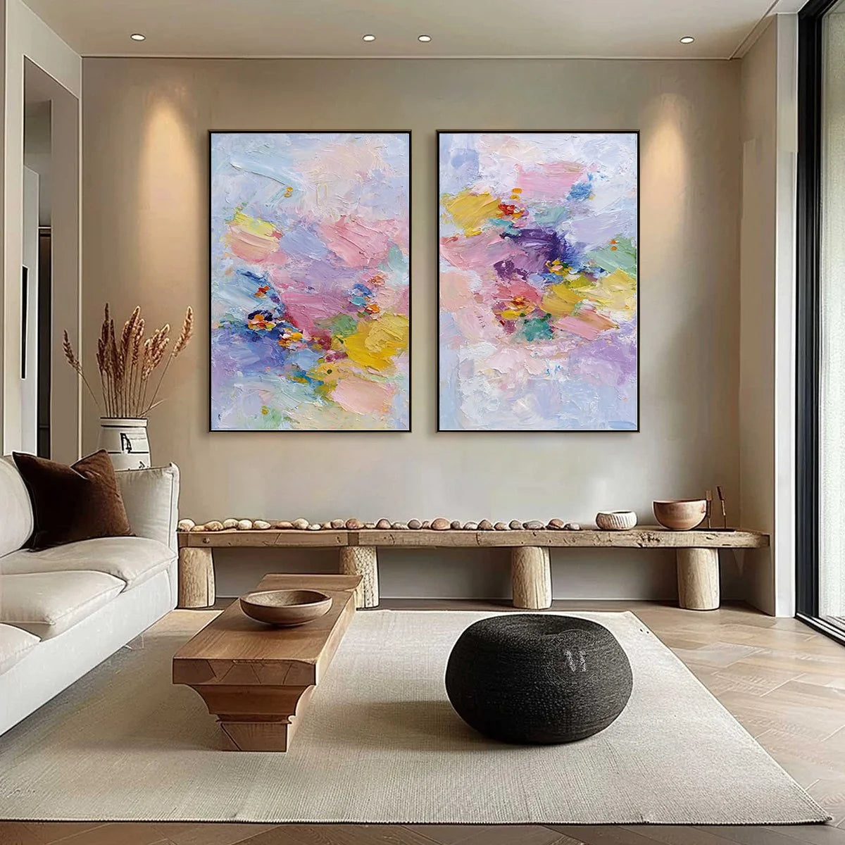 GARDEN REVERIE: Colorful Abstract Floral Impasto Painting Set of 2 | gold frame stretched on neutral wall