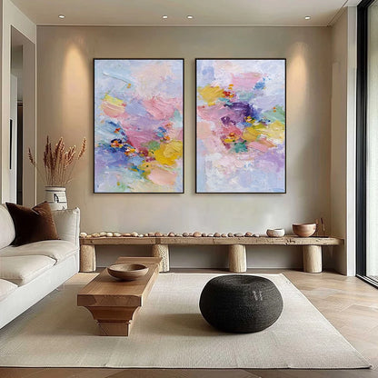 GARDEN REVERIE: Colorful Abstract Floral Impasto Painting Set of 2 | gold frame stretched on neutral wall