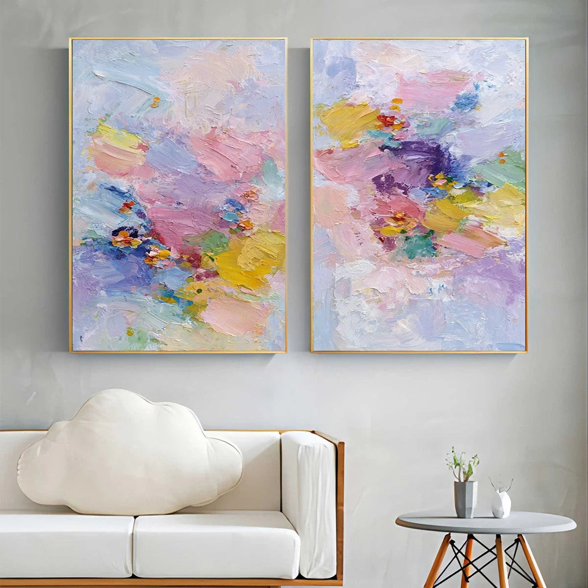 GARDEN REVERIE: Colorful Abstract Floral Impasto Painting Set of 2 | black frame version on white wall
