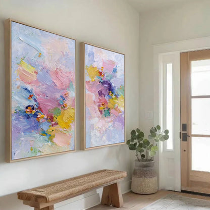 GARDEN REVERIE: Colorful Abstract Floral Impasto Painting Set of 2 | Abstract mood, soft natural light studio shot