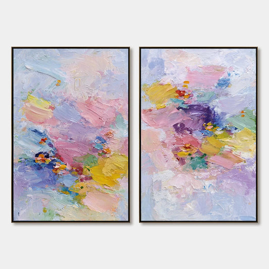 GARDEN REVERIE: Colorful Abstract Floral Impasto Painting Set of 2 | hanging in living room, Abstract wall art