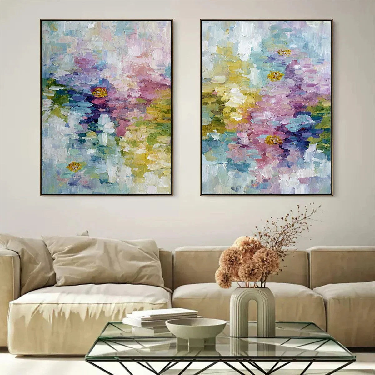 GARDEN REVERIE: Colorful Abstract Floral Impasto Painting Set | gold frame stretched on neutral wall