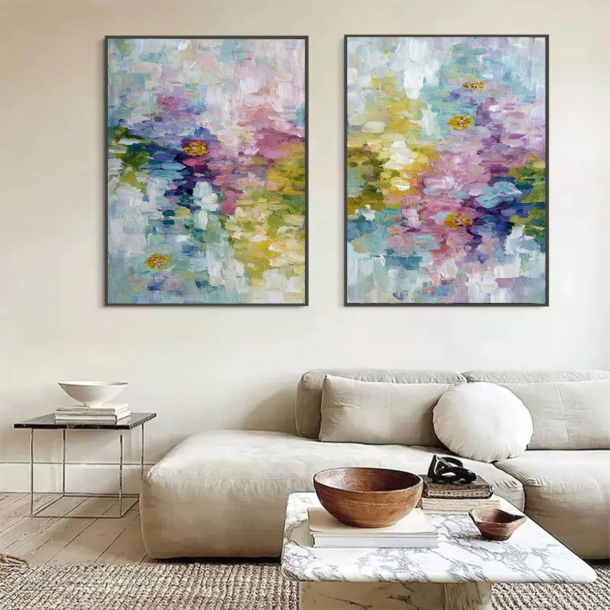 GARDEN REVERIE: Colorful Abstract Floral Impasto Painting Set | black frame version on white wall