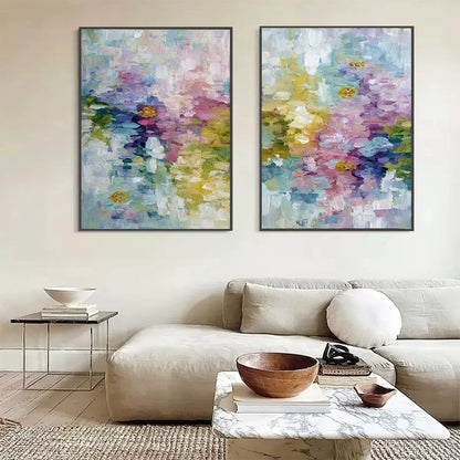 GARDEN REVERIE: Colorful Abstract Floral Impasto Painting Set | black frame version on white wall