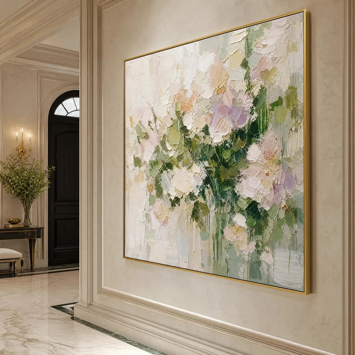 GARDEN REVERIE Square Floral Impasto Wall Art Oil Painting | black frame version on white wall