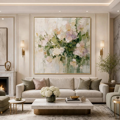GARDEN REVERIE Square Floral Impasto Wall Art Oil Painting | Abstract mood, soft natural light studio shot