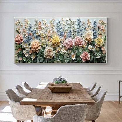 GARDEN RHAPSODY: Textured Floral Oil Painting | gold frame stretched on neutral wall
