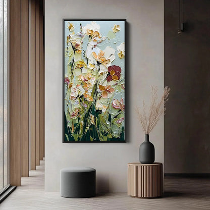 Garden Serenade Impasto Floral Painting | Textured Oil Wall Art | black frame version on white wall