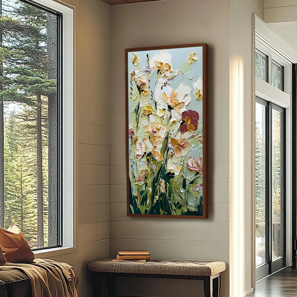 Garden Serenade Impasto Floral Painting | Textured Oil Wall Art | Abstract mood, soft natural light studio shot