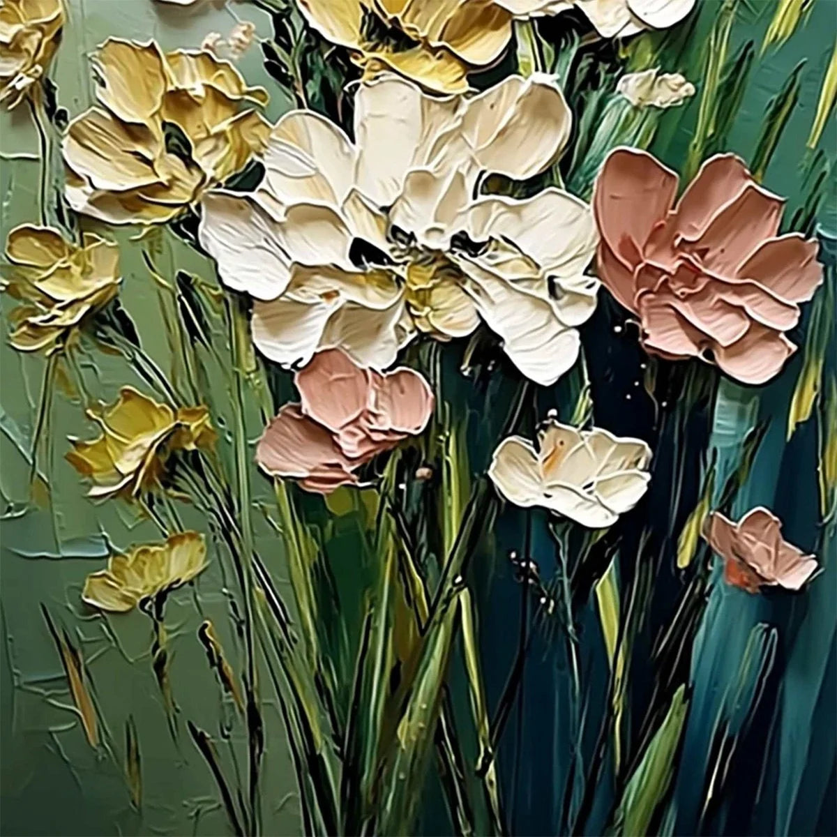 GARDEN SERENADE: Textured Impasto Painting of a Wildflower Meadow | rectangular format, hand-painted canvas edge