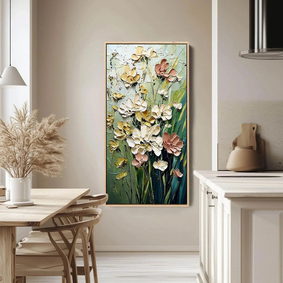 GARDEN SERENADE: Textured Impasto Painting of a Wildflower Meadow | gold frame stretched on neutral wall