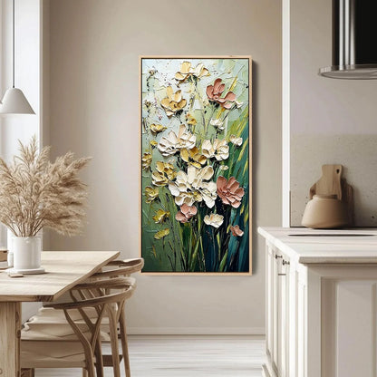 GARDEN SERENADE: Textured Impasto Painting of a Wildflower Meadow | gold frame stretched on neutral wall