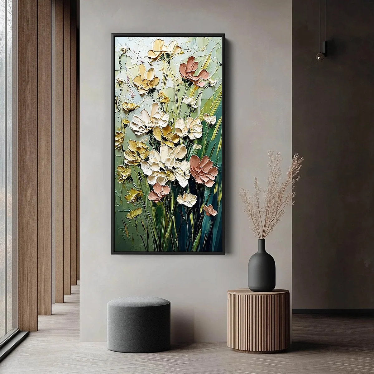 GARDEN SERENADE: Textured Impasto Painting of a Wildflower Meadow | black frame version on white wall