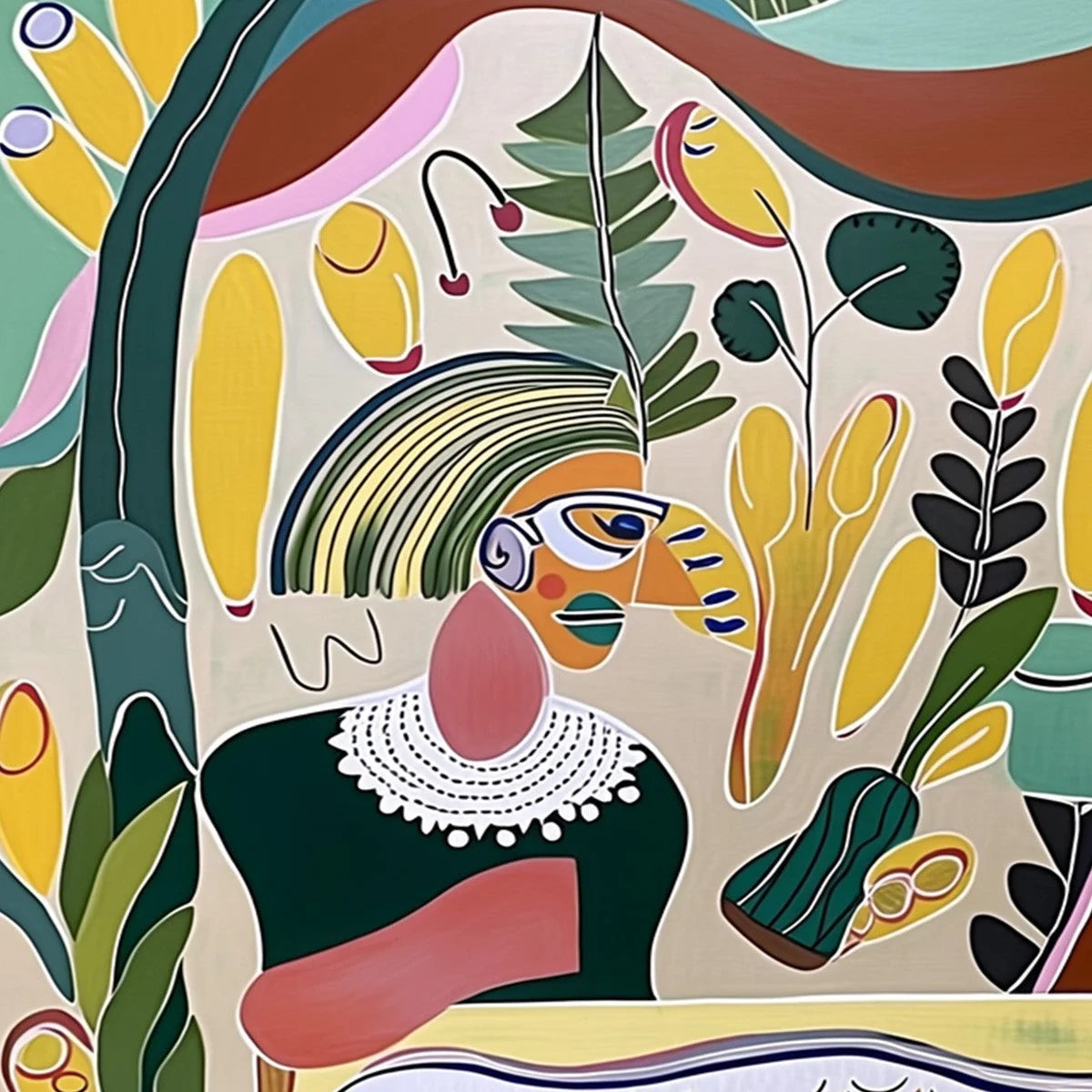 GARDEN WHISPERS: Colorful Abstract Figurative Boho Wall Art | rectangular format, hand-painted canvas edge