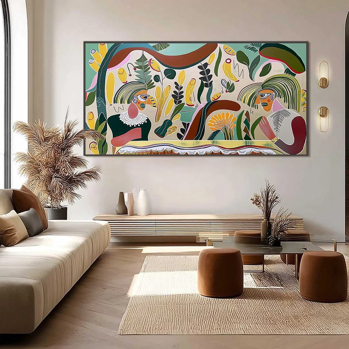 GARDEN WHISPERS: Colorful Abstract Figurative Boho Wall Art | gold frame stretched on neutral wall