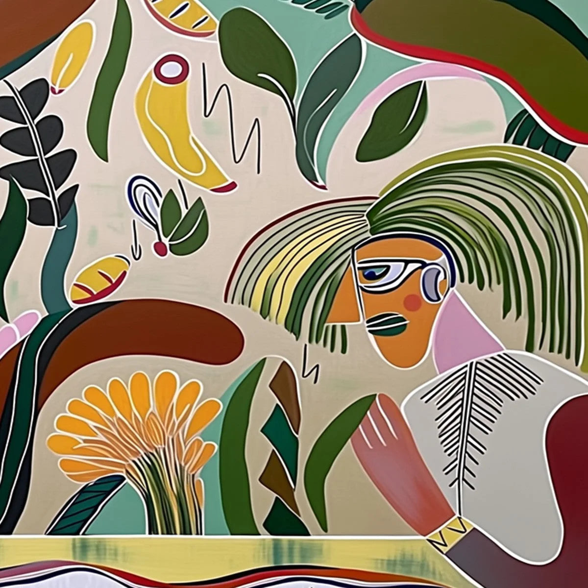 GARDEN WHISPERS: Colorful Abstract Figurative Boho Wall Art | rolled canvas, ready for custom framing