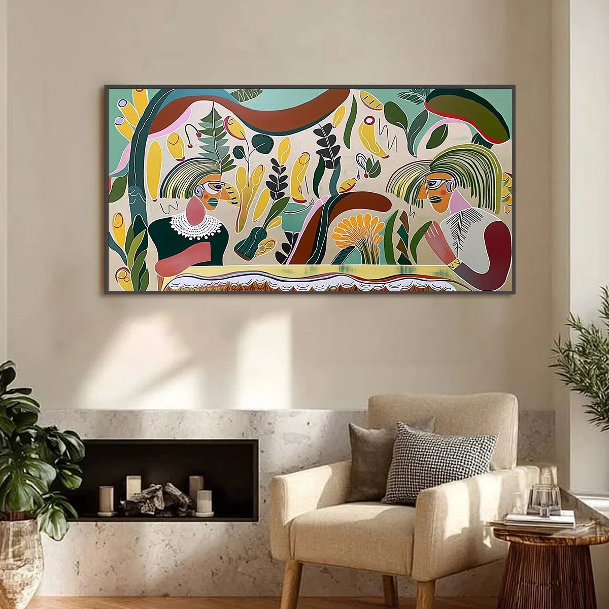 GARDEN WHISPERS: Colorful Abstract Figurative Boho Wall Art | black frame version on white wall