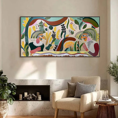 GARDEN WHISPERS: Colorful Abstract Figurative Boho Wall Art | black frame version on white wall