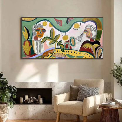 GARDEN WHISPERS: Colorful Abstract Figurative Painting for Modern Spaces | gold frame stretched on neutral wall