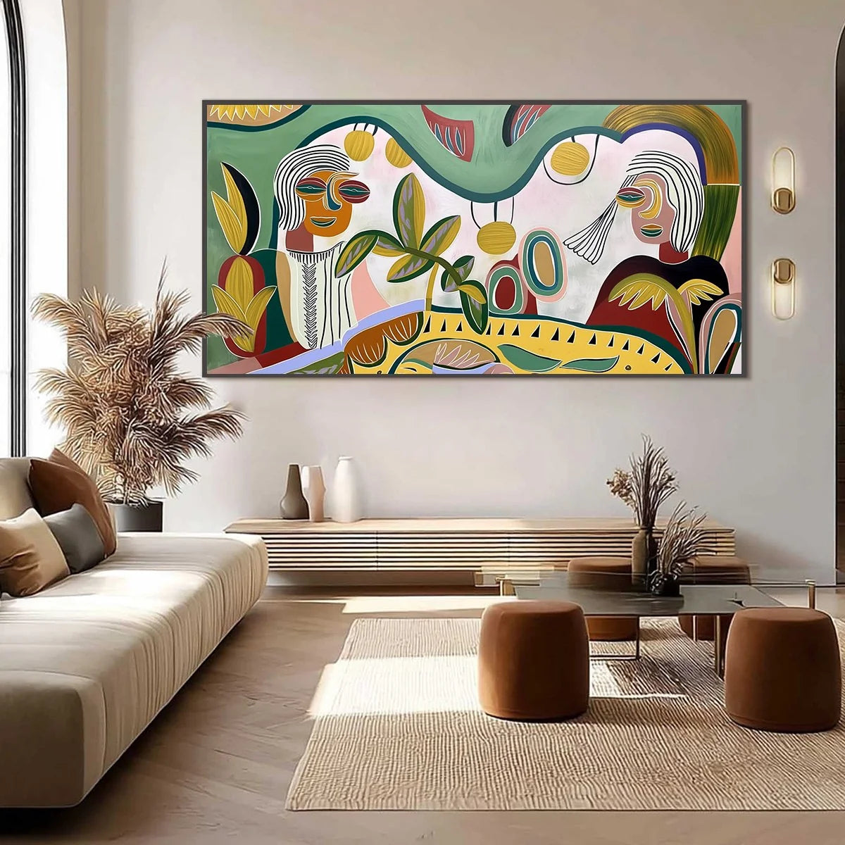 GARDEN WHISPERS: Colorful Abstract Figurative Painting for Modern Spaces | black frame version on white wall