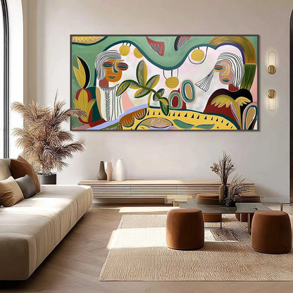 GARDEN WHISPERS: Colorful Abstract Figurative Painting for Modern Spaces | black frame version on white wall