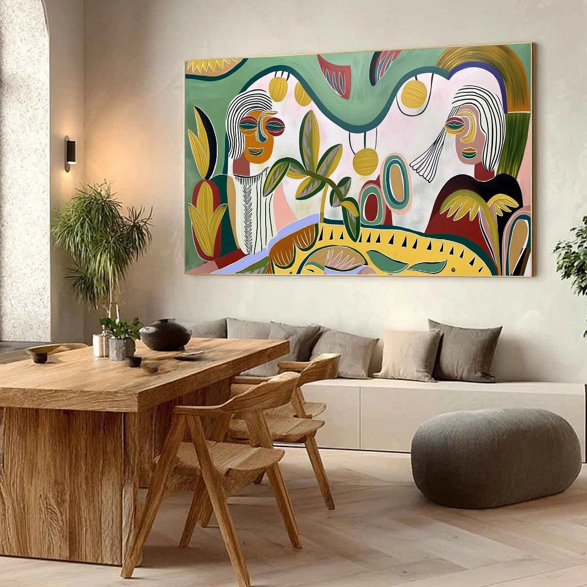 GARDEN WHISPERS: Colorful Abstract Figurative Painting for Modern Spaces | Figurative mood, soft natural light studio shot