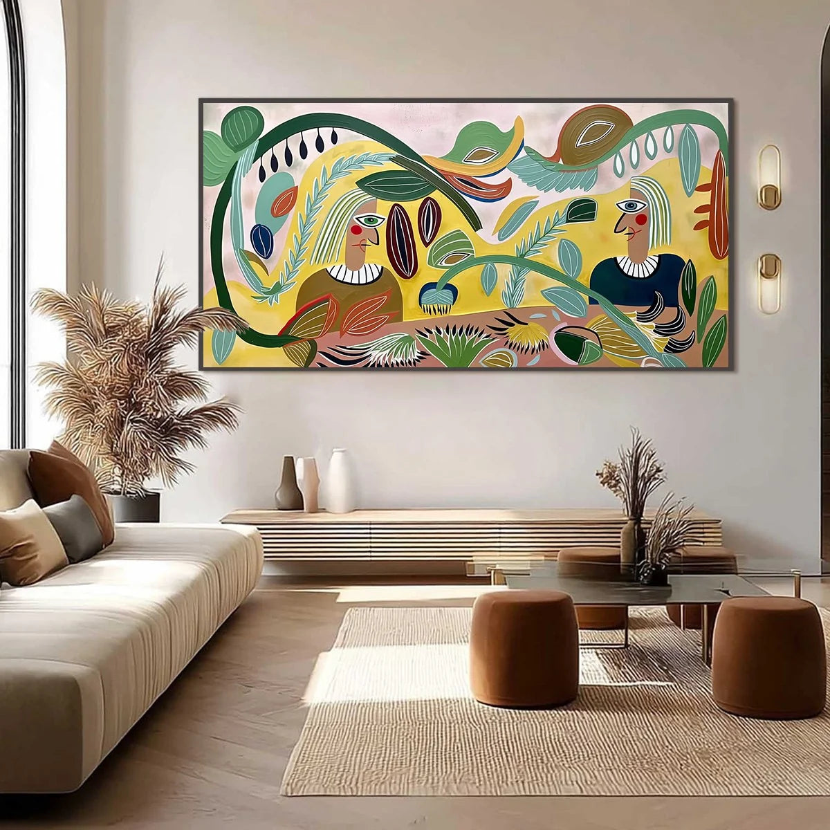 GARDEN WHISPERS: Large Colorful Boho Figurative Abstract Painting | gold frame stretched on neutral wall