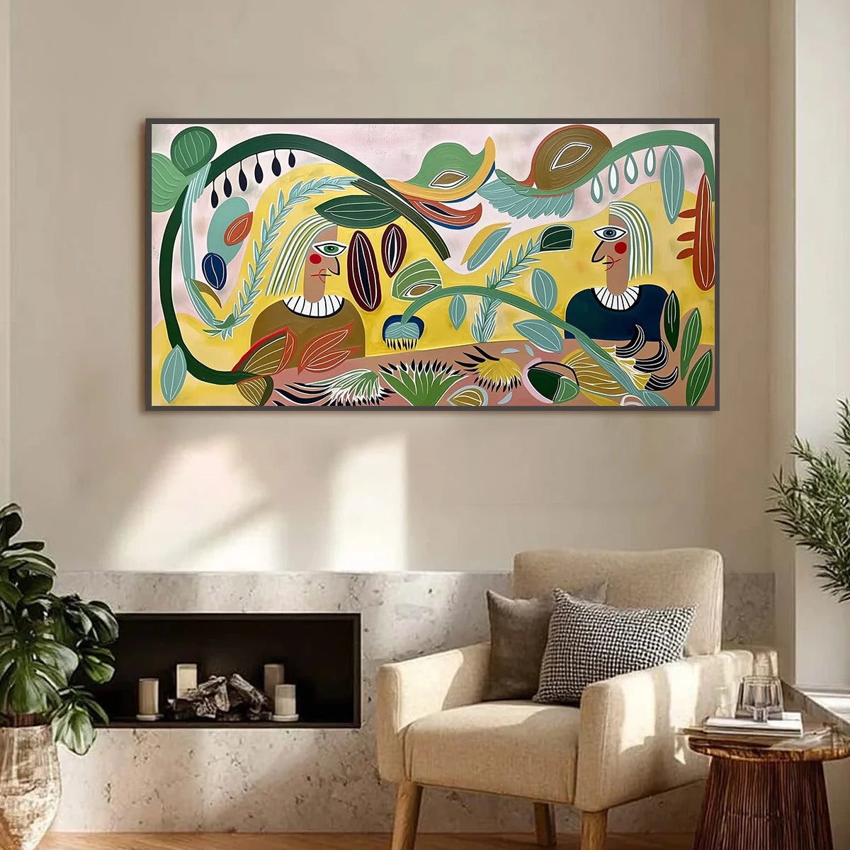 GARDEN WHISPERS: Large Colorful Boho Figurative Abstract Painting | black frame version on white wall