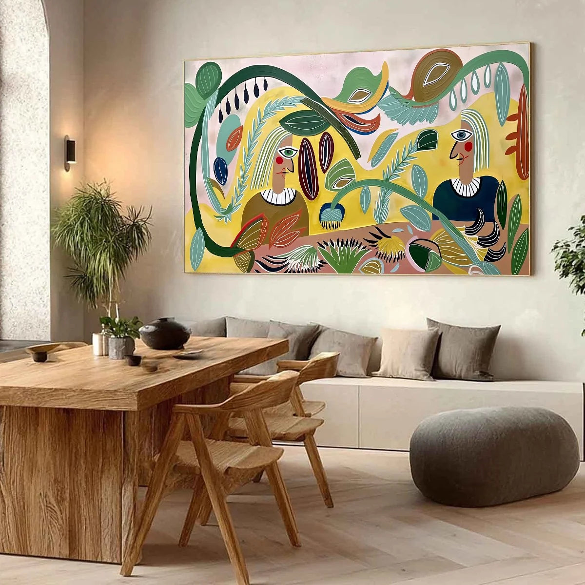 GARDEN WHISPERS: Large Colorful Boho Figurative Abstract Painting | Figurative mood, soft natural light studio shot
