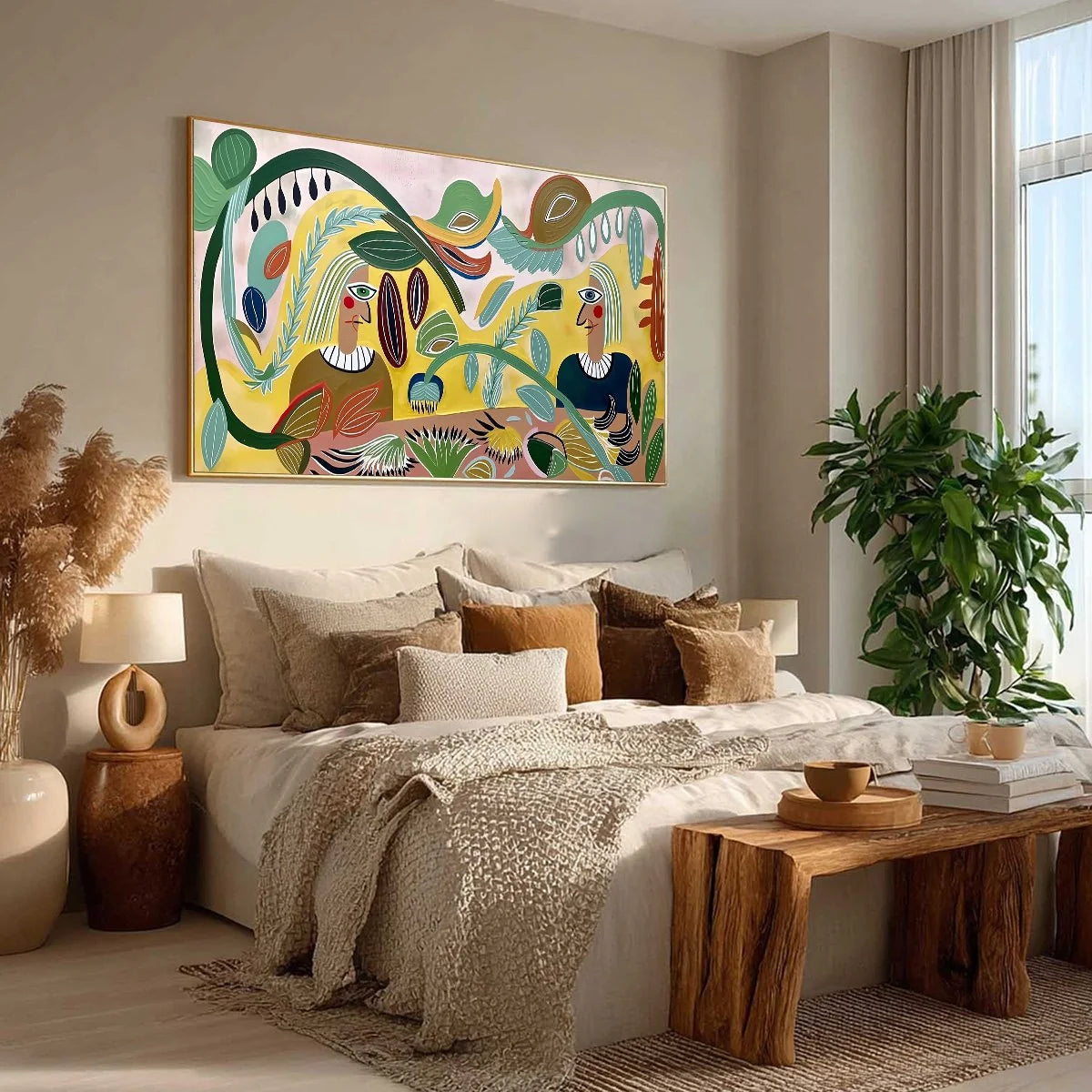 GARDEN WHISPERS: Large Colorful Boho Figurative Abstract Painting | multi-color palette, original oil on stretched canvas art