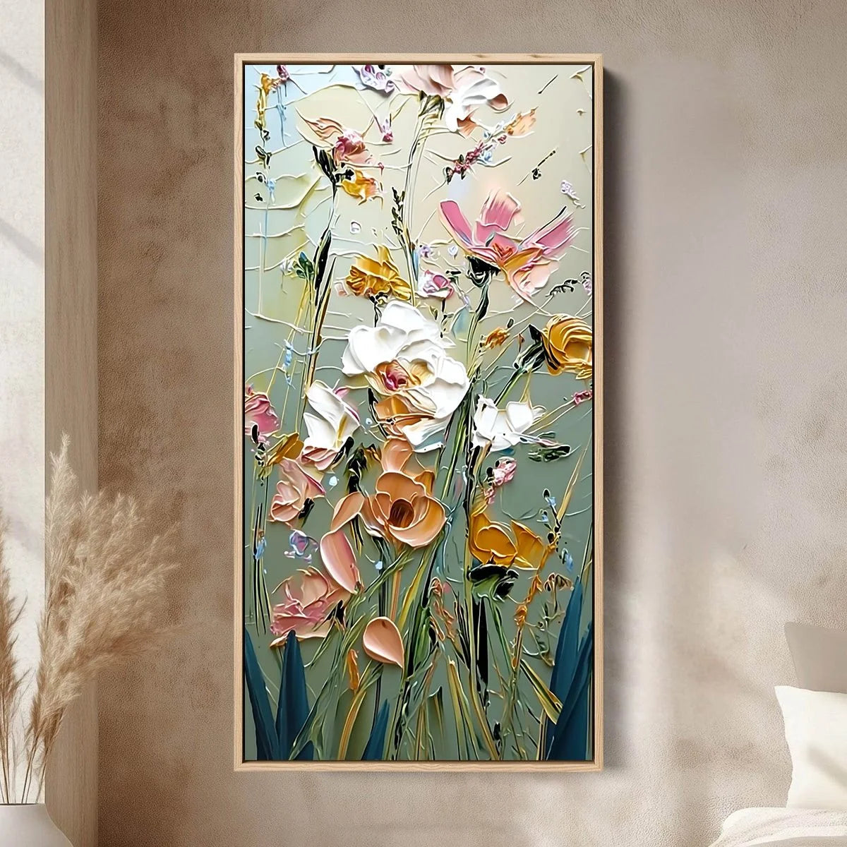 GARDEN WHISPERS: Vertical Palette Knife Floral Impasto Wall Art | Abstract closeup, raised brushwork detail