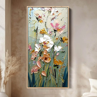 GARDEN WHISPERS: Vertical Palette Knife Floral Impasto Wall Art | Abstract closeup, raised brushwork detail
