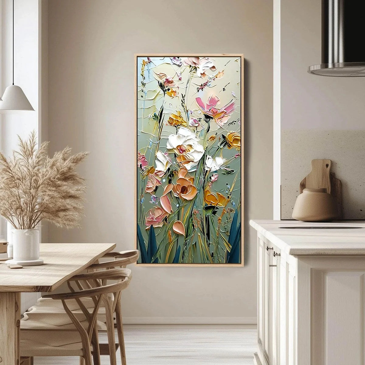 GARDEN WHISPERS: Vertical Palette Knife Floral Impasto Wall Art | gold frame stretched on neutral wall