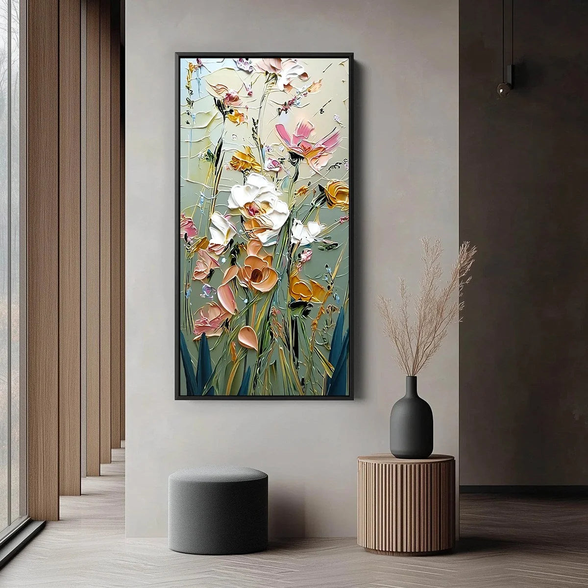 GARDEN WHISPERS: Vertical Palette Knife Floral Impasto Wall Art | black frame version on white wall
