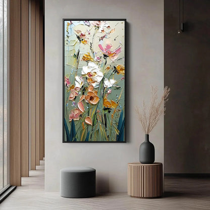 GARDEN WHISPERS: Vertical Palette Knife Floral Impasto Wall Art | black frame version on white wall