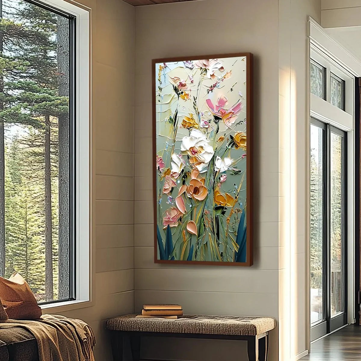 GARDEN WHISPERS: Vertical Palette Knife Floral Impasto Wall Art | Abstract mood, soft natural light studio shot