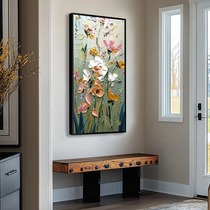 GARDEN WHISPERS: Vertical Palette Knife Floral Impasto Wall Art | multi-color palette, original oil on stretched canvas art