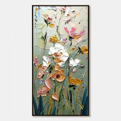 GARDEN WHISPERS: Vertical Palette Knife Floral Impasto Wall Art | hanging in living room, Abstract wall art